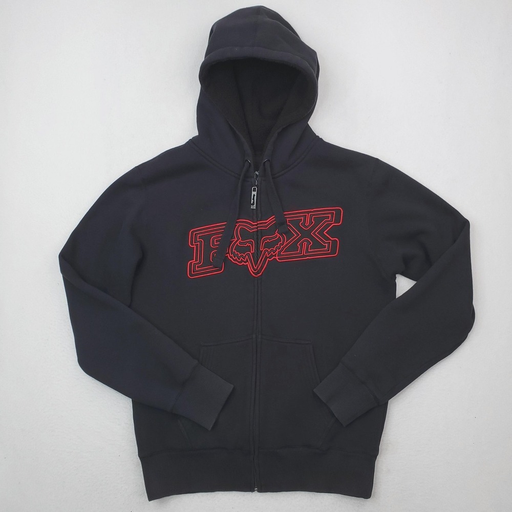 Fox Hoodie Mens Medium Black Full Zip Sherpa Fleece‎ Lined Jacket Motocross Y2K